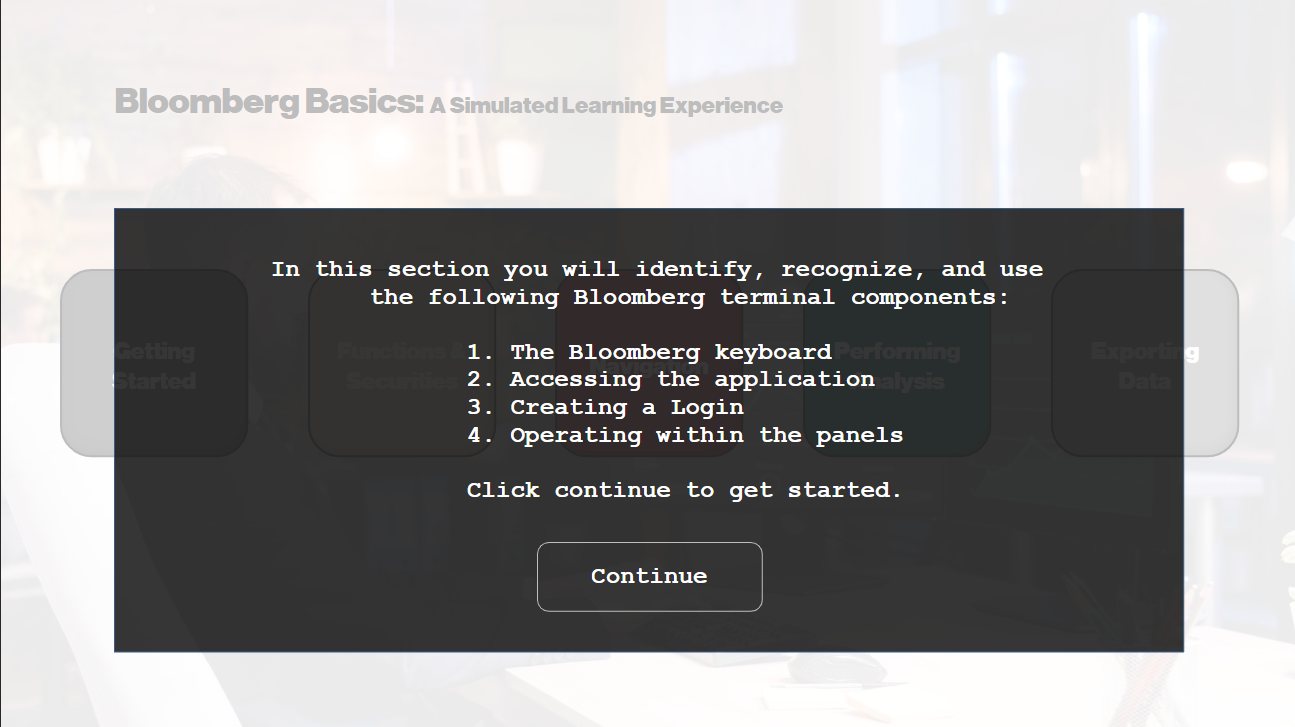 Section intro over the course menu (Getting Started, Functions and Securities, Performing Analysis, Exporting Data) listing four objectives: the Bloomberg keyboard, accessing the application, creating a login, and operating within the panels