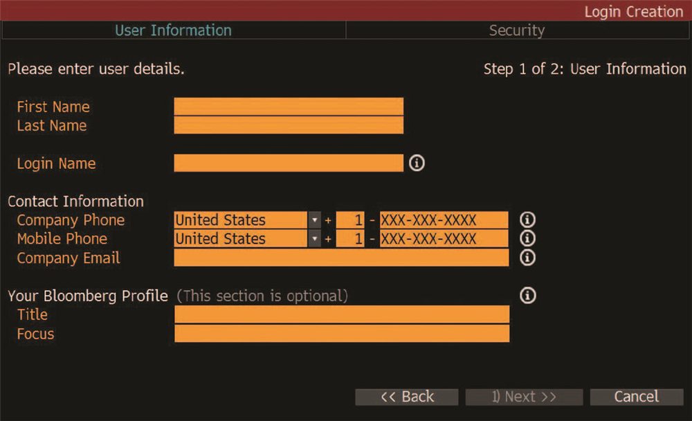 Simulated User Information form with orange input fields for name, login name and contact details