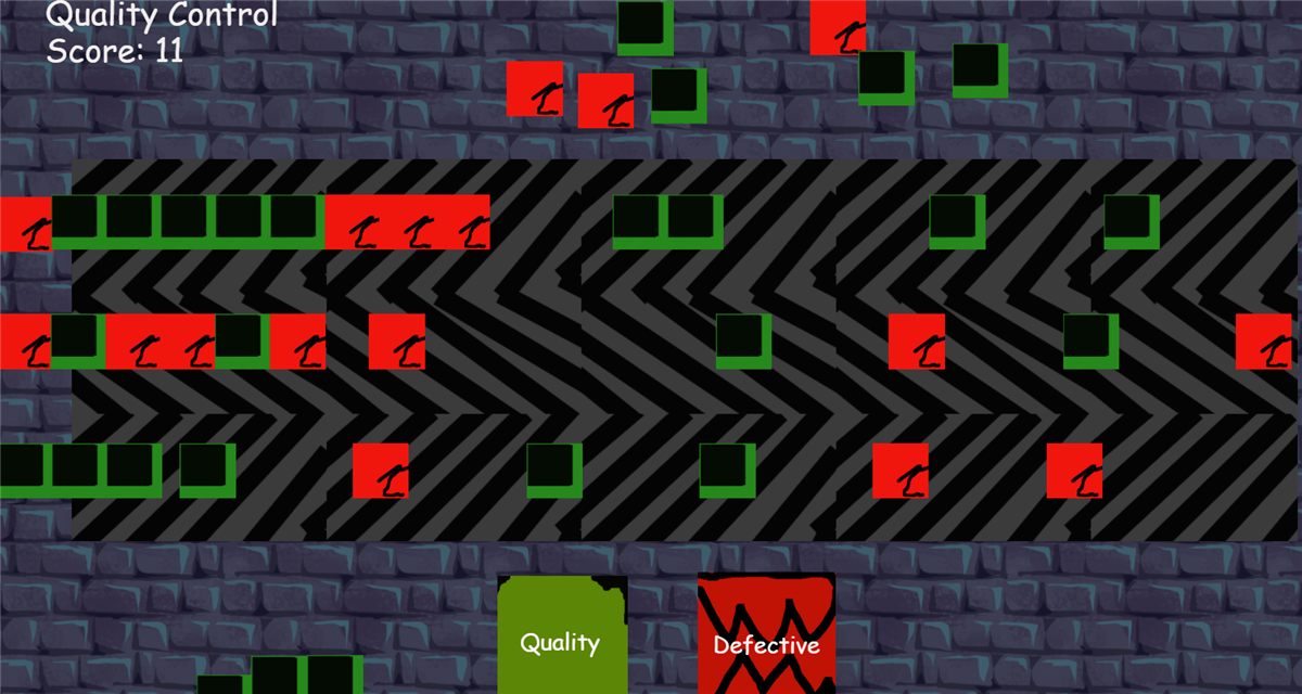 Gameplay of Quality Controller: widgets on a conveyor belt with Quality and Defective bins